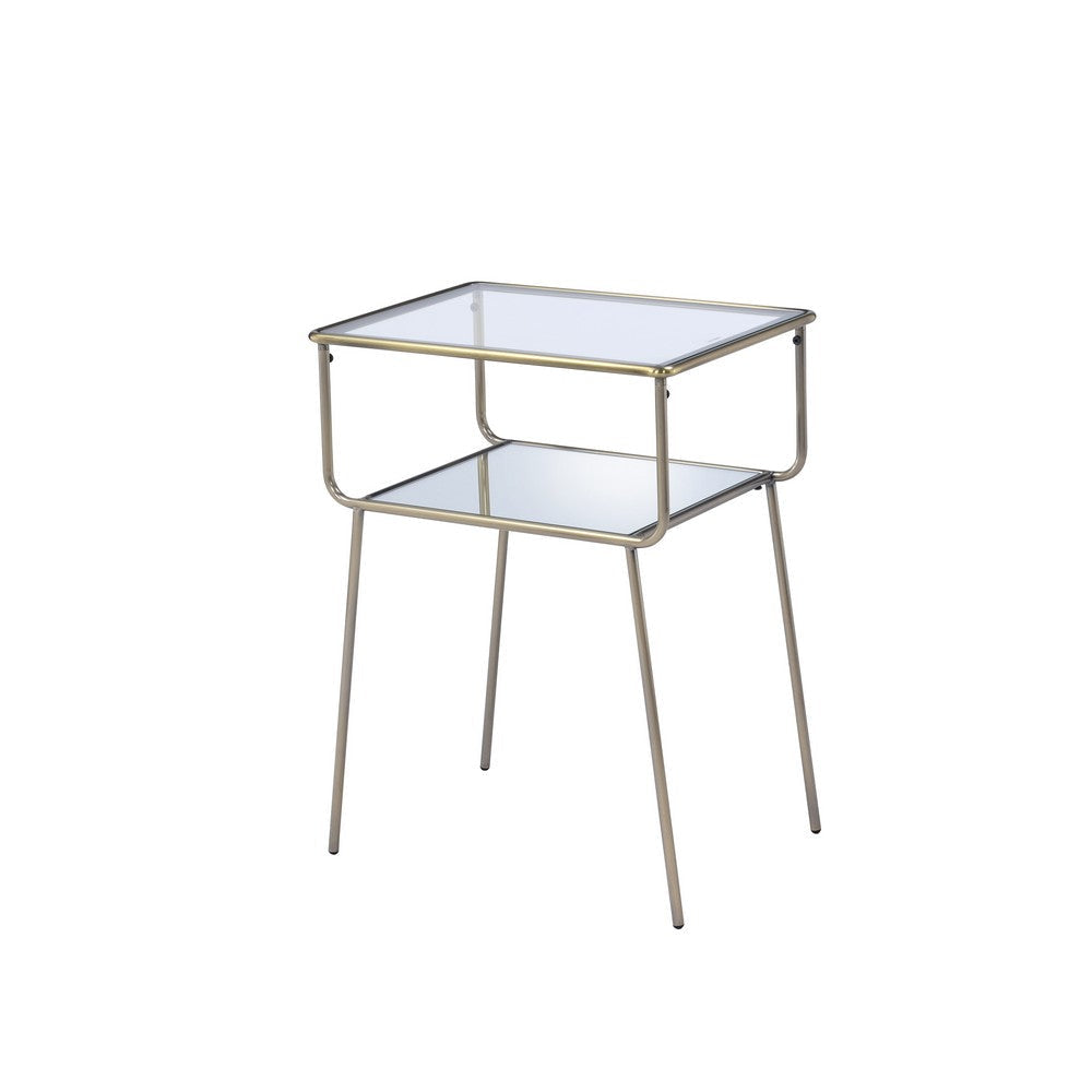 Glass Top End Table with Metal Frame and Open Bottom Shelf, Brass and Clear By Casagear Home