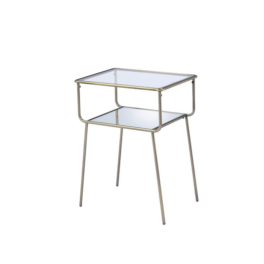 Glass Top End Table with Metal Frame and Open Bottom Shelf, Brass and Clear By Casagear Home