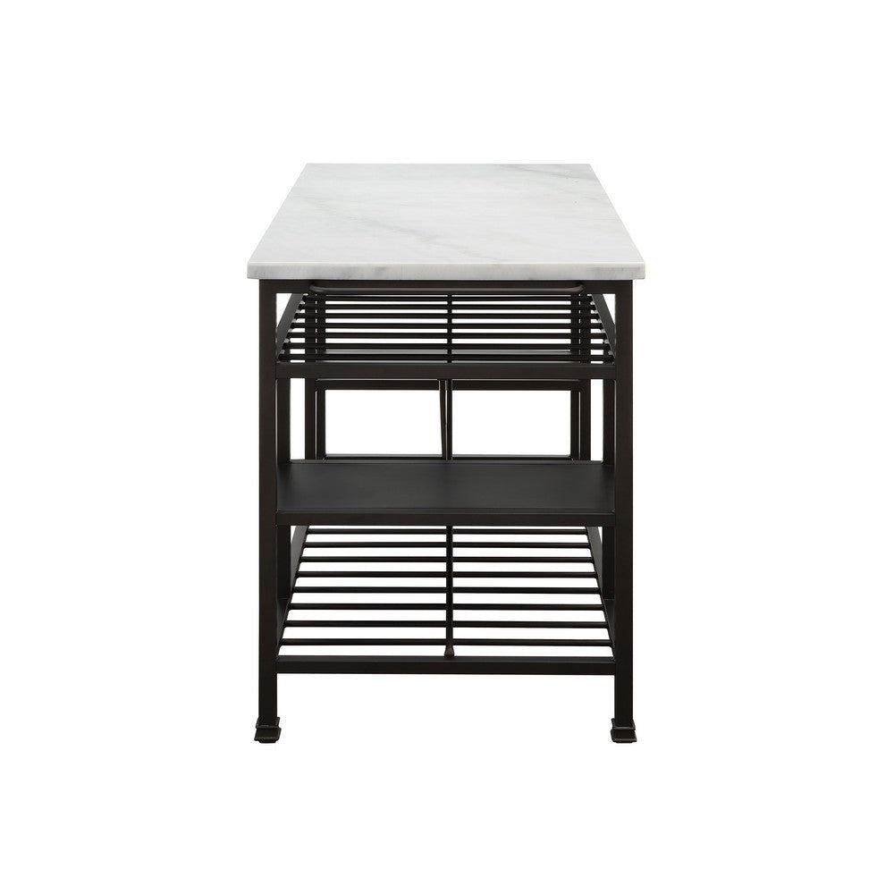 Marble Top Metal Kitchen Island with 2 Slated Shelves Brown and White By Casagear Home BM214990