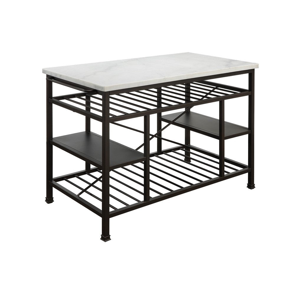 Marble Top Metal Kitchen Island with 2 Slated Shelves, Brown and White By Casagear Home