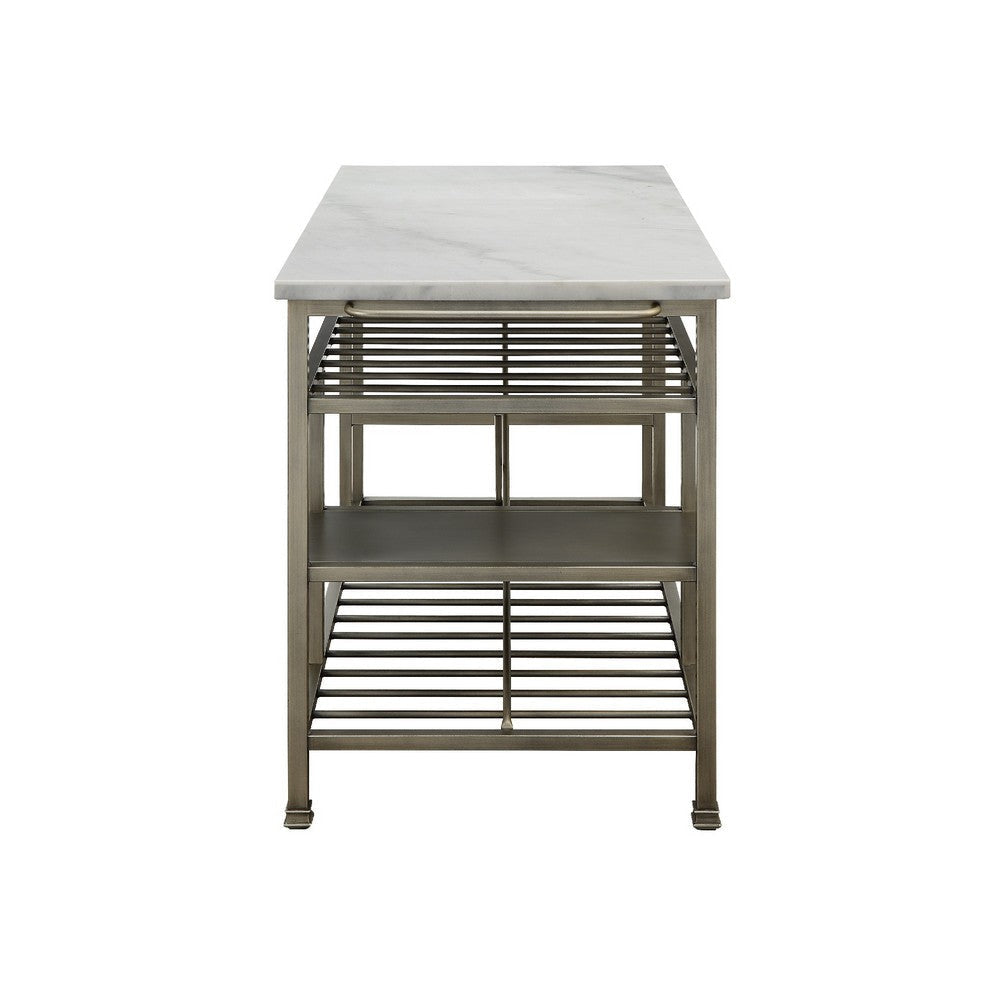 Marble Top Metal Kitchen Island with 2 Slated Shelves Gray and White By Casagear Home BM214991