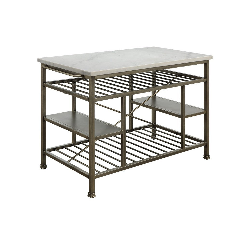 Marble Top Metal Kitchen Island with 2 Slated Shelves, Gray and White By Casagear Home