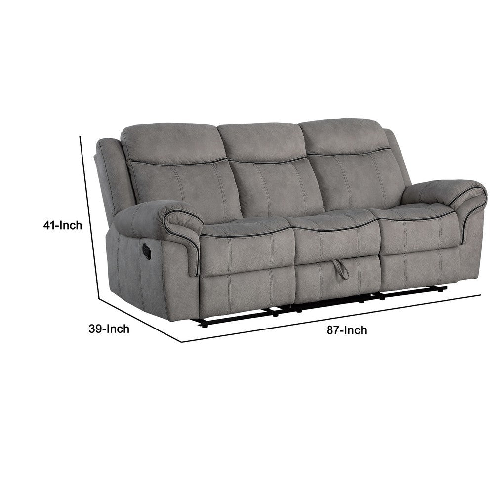 87 Inch Motion Sofa 2 USB Docks Cup Holders Console Storage Gray Velvet By Casagear Home BM214999