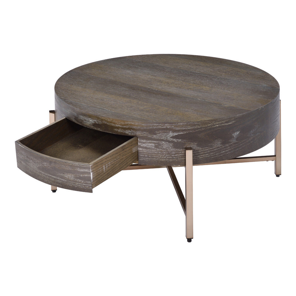 1 Drawer Round Modern Coffee Table with Crossed Metal Legs Brown and Gold By Casagear Home BM215037