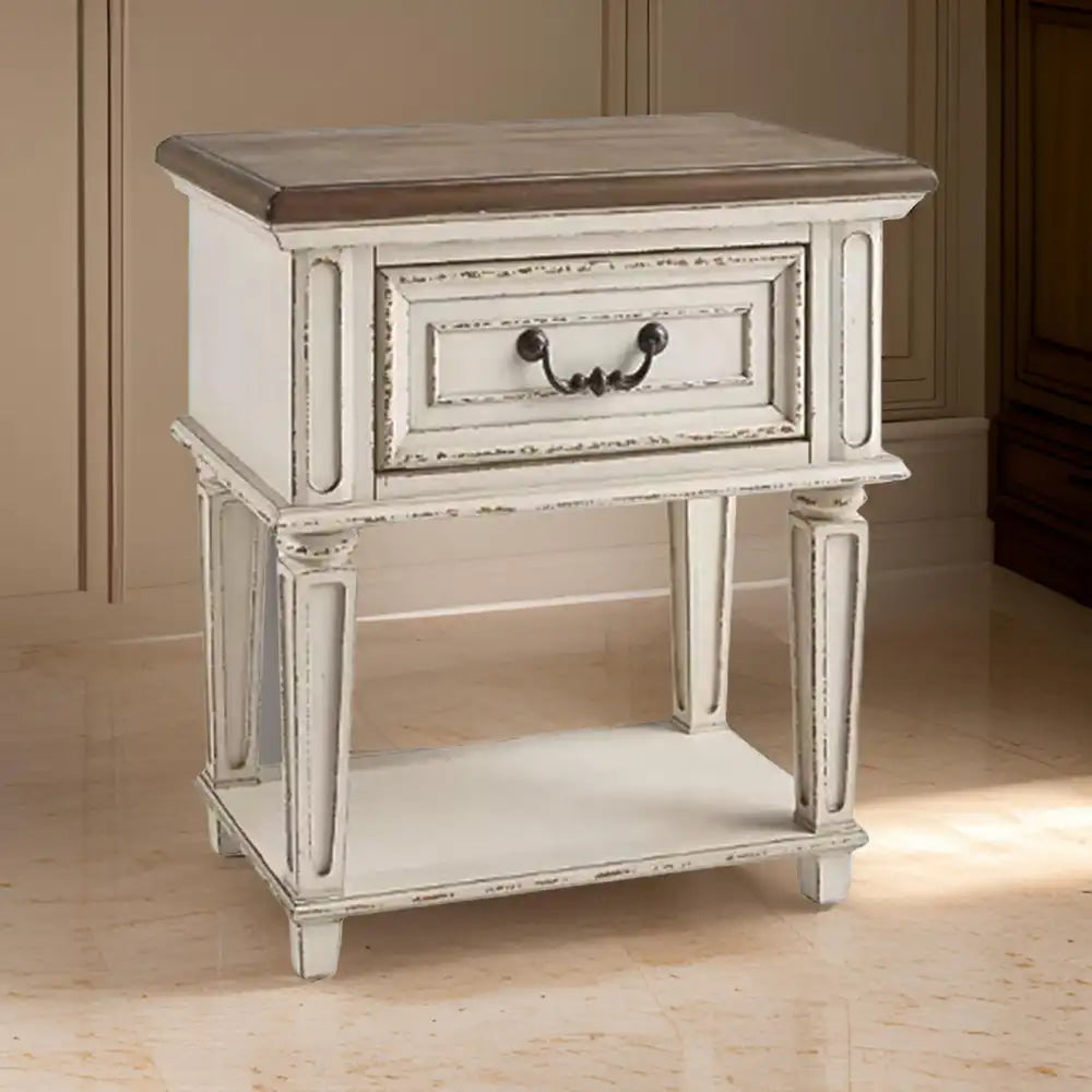 1 Drawer Wooden Frame Nightstand with Tapered Legs Brown and Antique White By Casagear Home BM215071