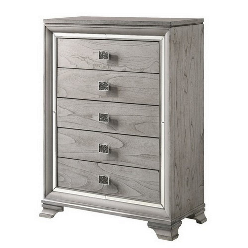 5 Drawers Wooden Frame Chest with Square Crystal Knobs, Gray and Silver By Casagear Home