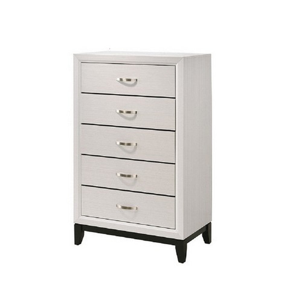 Transitional 5 Drawer Chest with Curved Handle and Chamfered Feet, White By Casagear Home