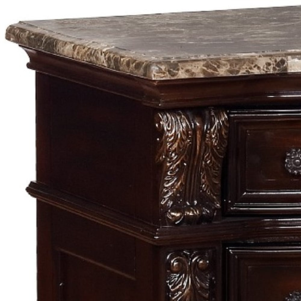 3 Drawer Marble Top Nightstand with Bun Feet Brown By Casagear Home BM215400