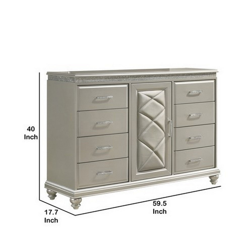 Wooden Dresser with Eight Spacious Drawers and One Door Shelf Silver By Casagear Home BM215408