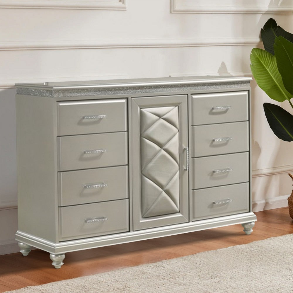 Wooden Dresser with Eight Spacious Drawers and One Door Shelf Silver By Casagear Home BM215408