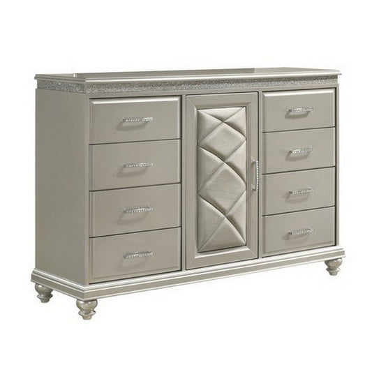 Wooden Dresser with Eight Spacious Drawers and One Door Shelf, Silver By Casagear Home