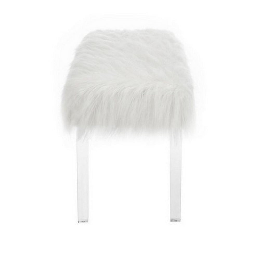 Contemporary Bench with Faux Fur Seat and Acrylic Legs White and Clear By Casagear Home BM215475