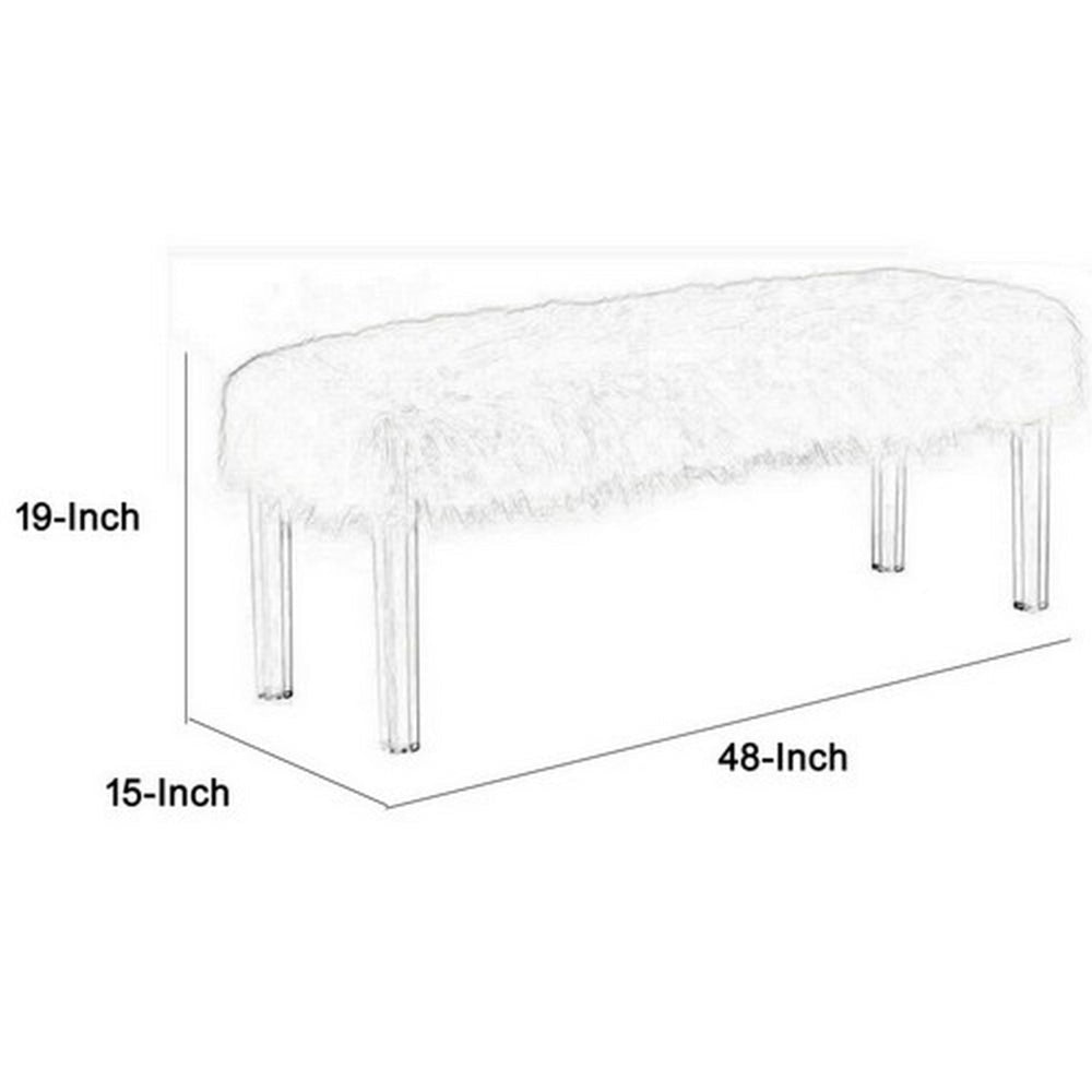 Contemporary Bench with Faux Fur Seat and Acrylic Legs White and Clear By Casagear Home BM215475