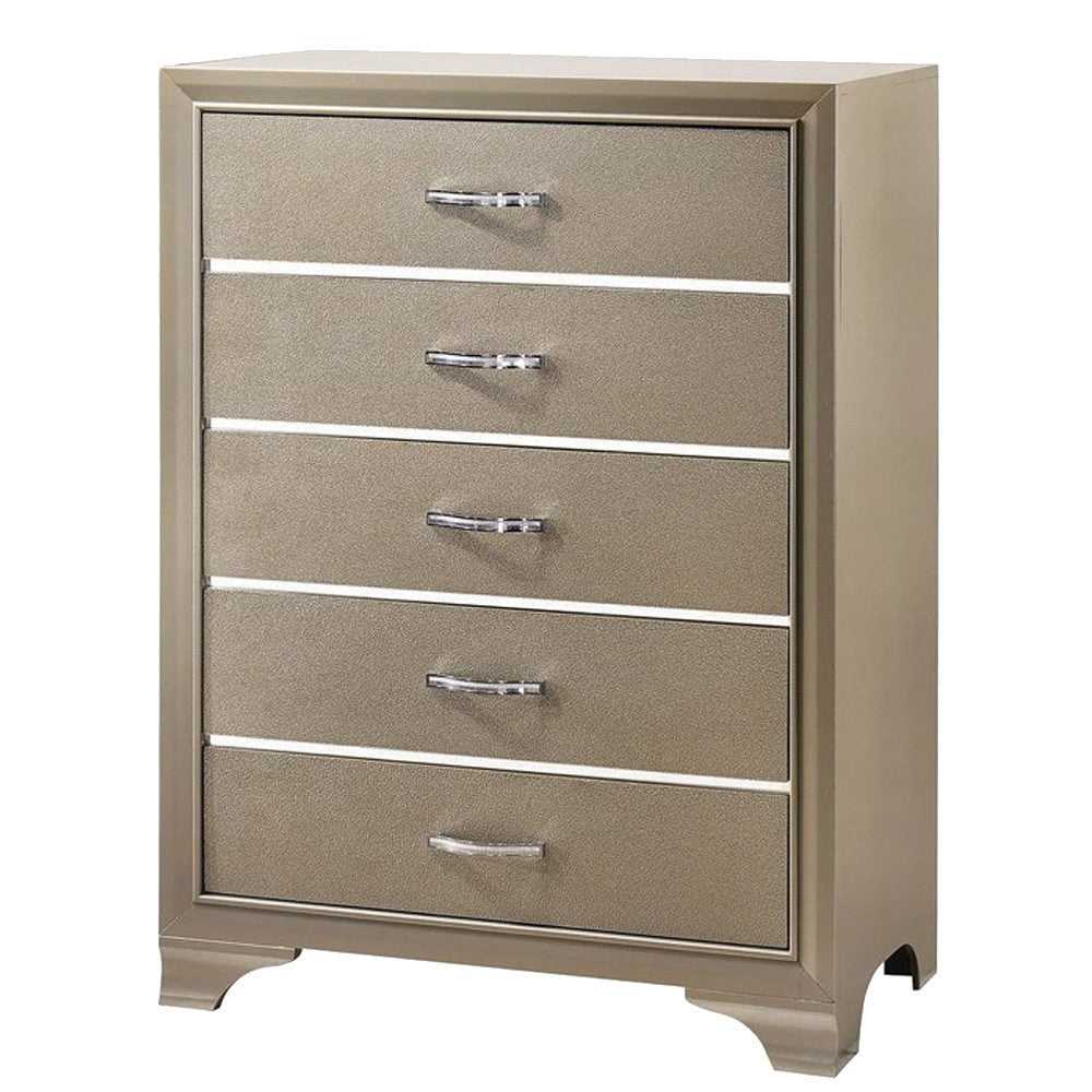 Five Drawer Wooden Chest with Polished Metallic Pulls Champagne Gold by Casagear Home BM215532