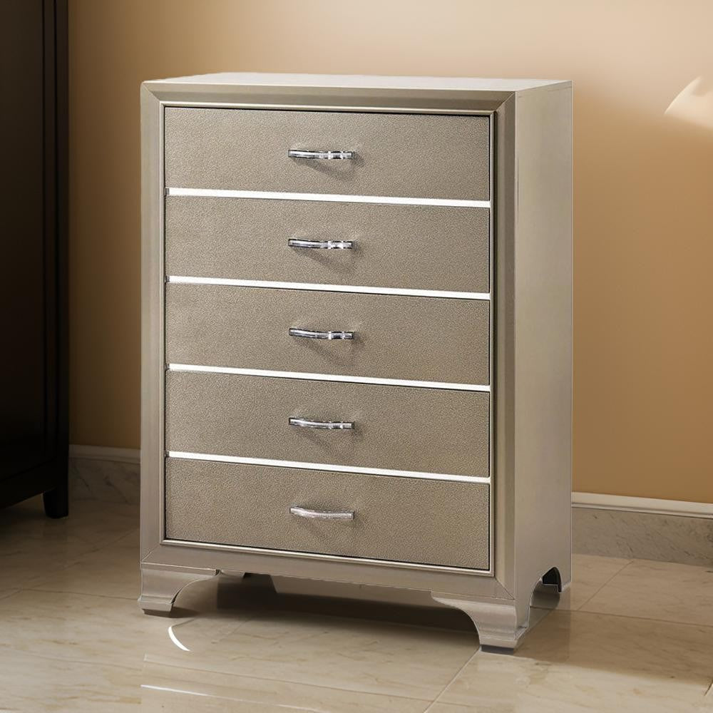 Five Drawer Wooden Chest with Polished Metallic Pulls, Champagne Gold by Casagear Home