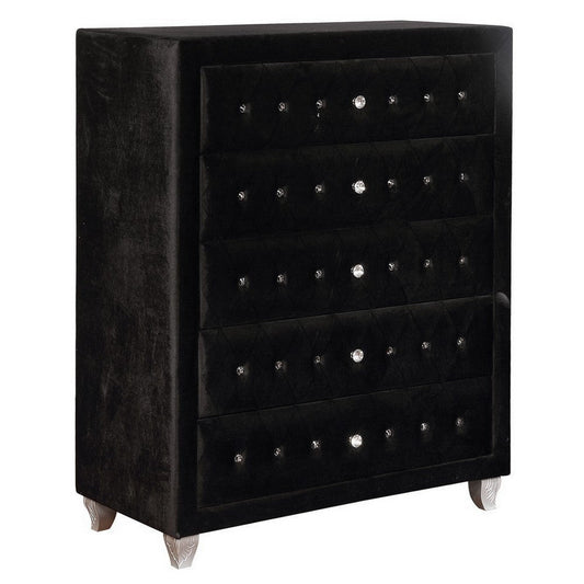 Fabric Upholstered Wooden Chest with Five Drawers, Black By Casagear Home