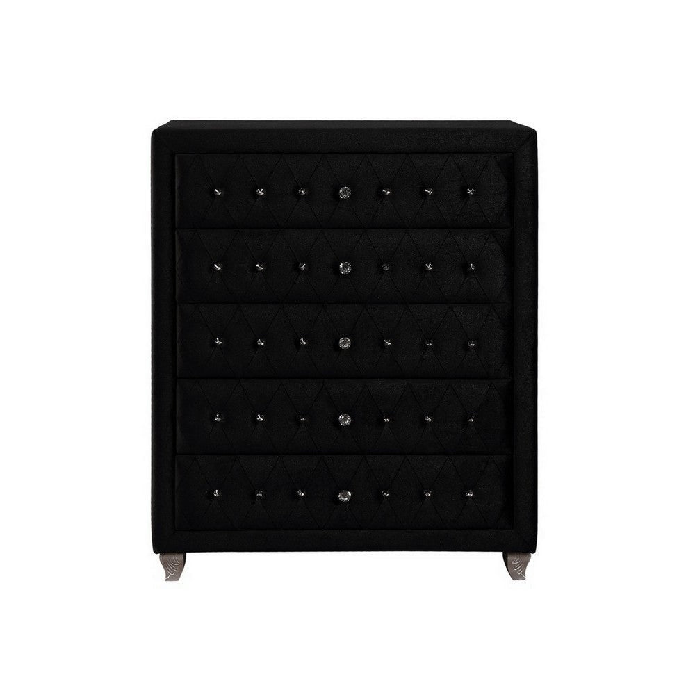 Fabric Upholstered Wooden Chest with Five Drawers Black By Casagear Home BM215565