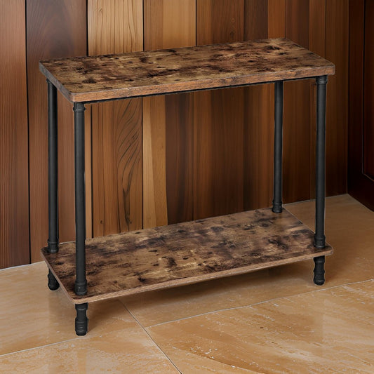 39" 2 Tier Console Table with Metal Legs, Rustic Brown By Casagear Home