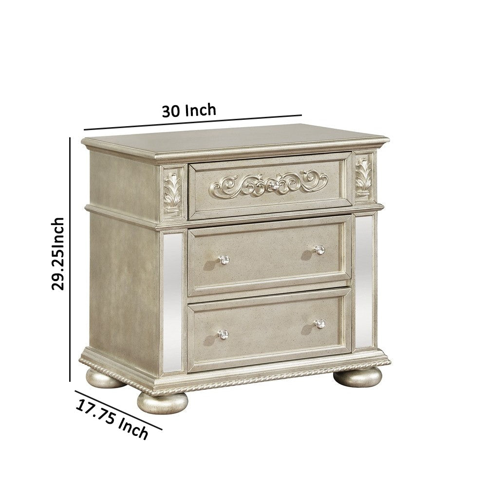 3 Drawers Ornate Carved Nightstand with USB Ports Gold by Casagear Home BM215813