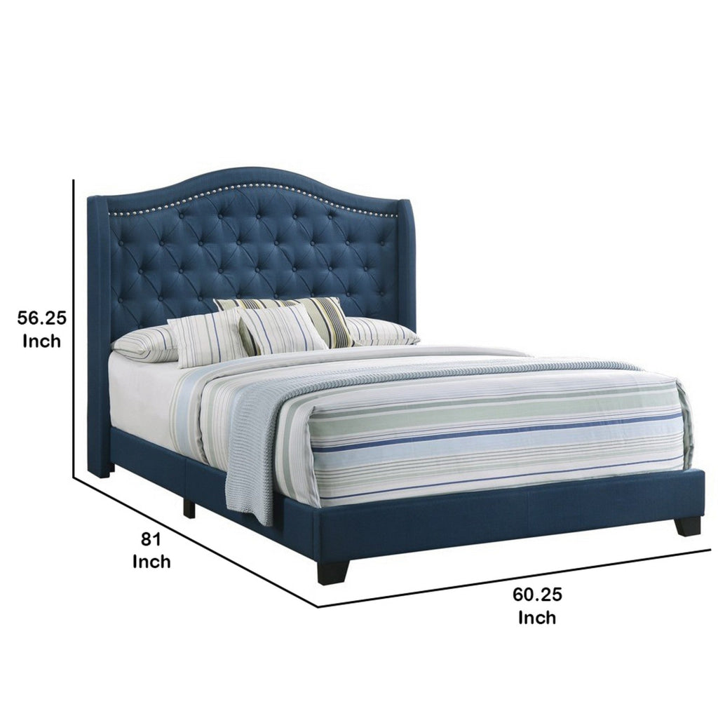 Fabric Upholstered Wooden Demi Wing Full Bed with Camelback Headboard Blue By Casagear Home BM215890