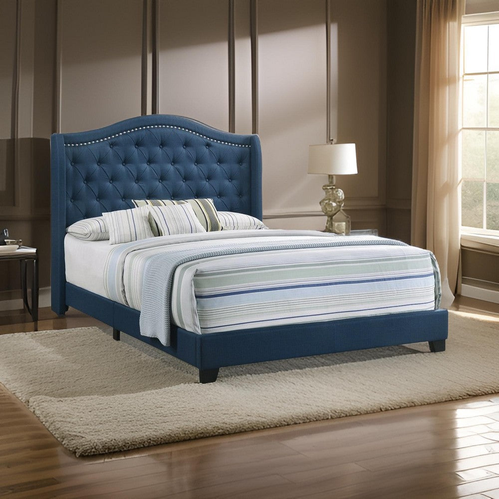 Fabric Upholstered Wooden Demi Wing Full Bed with Camelback Headboard Blue By Casagear Home BM215890