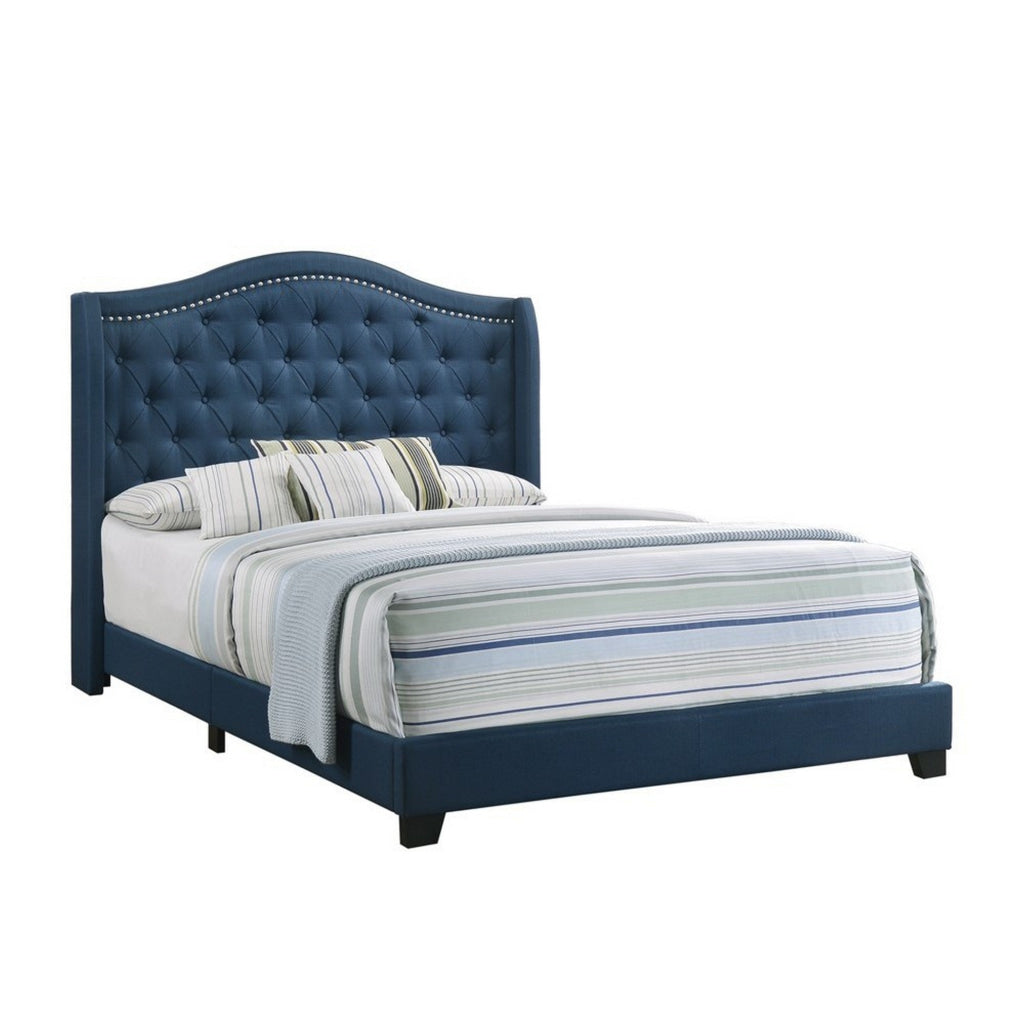 Fabric Upholstered Wooden Demi Wing Full Bed with Camelback Headboard, Blue By Casagear Home