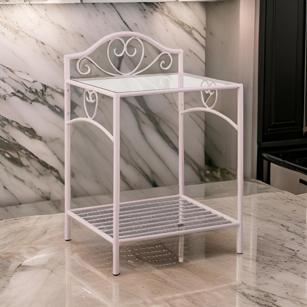 Glass Top Nightstand with and Bottom Shelf, Pink