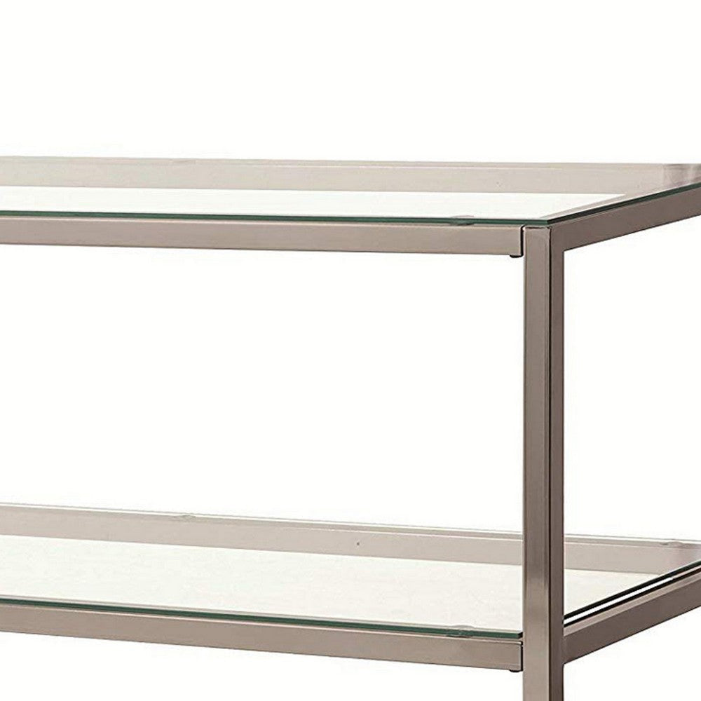 Glass and Metal Frame Sofa Table with 2 Open Shelves Silver and Clear By Casagear Home BM216001