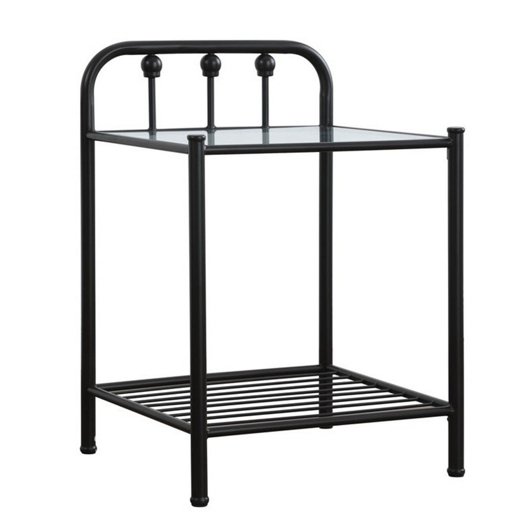 Metal Nightstand with Glass Top and Slated Open Bottom Shelf, Black By Casagear Home