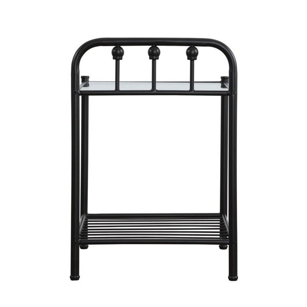 Metal Nightstand with Glass Top and Slated Open Bottom Shelf Black By Casagear Home BM216073