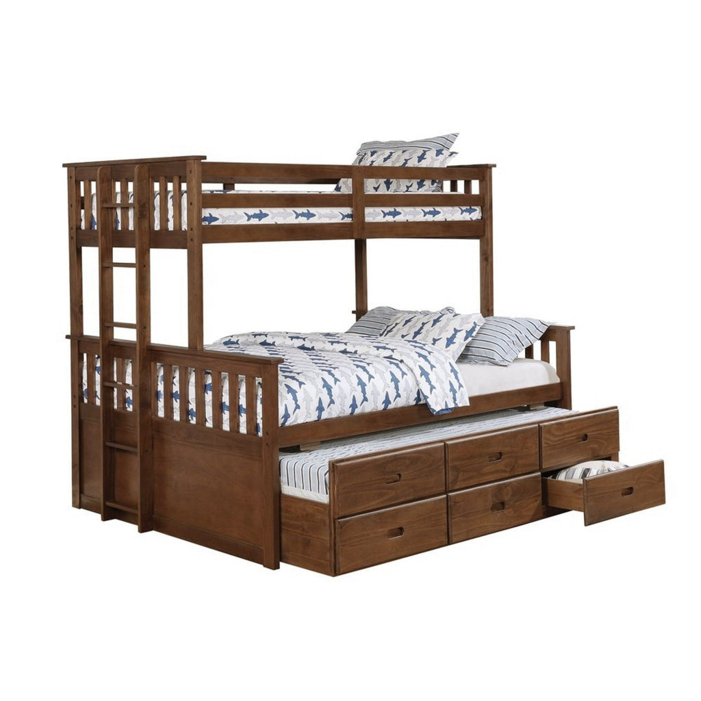 Slatted Design XL Twin Over Queen Bunk Bed with Trundle and 3 Drawers,Brown By Casagear Home