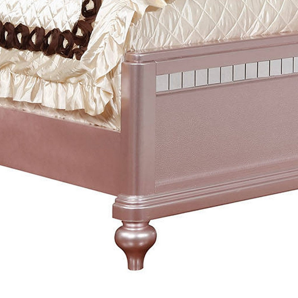 Contemporary Queen Size Wooden Bed With Mirror Trim Details Pink By Casagear Home BM216257