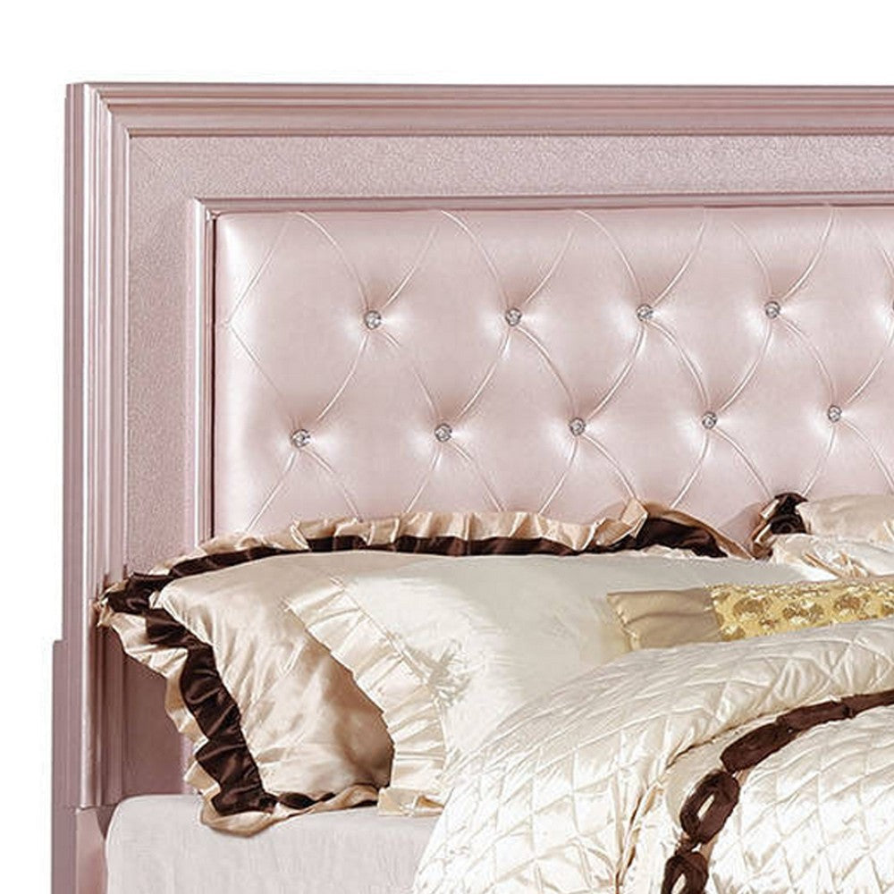 Contemporary Queen Size Wooden Bed With Mirror Trim Details Pink By Casagear Home BM216257