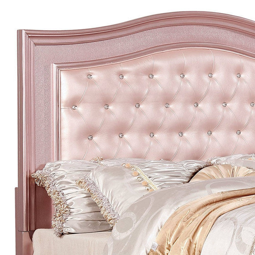 Full Size Wooden Bed With Mirror Trim Details and Camelback Headboard Pink By Casagear Home BM216259