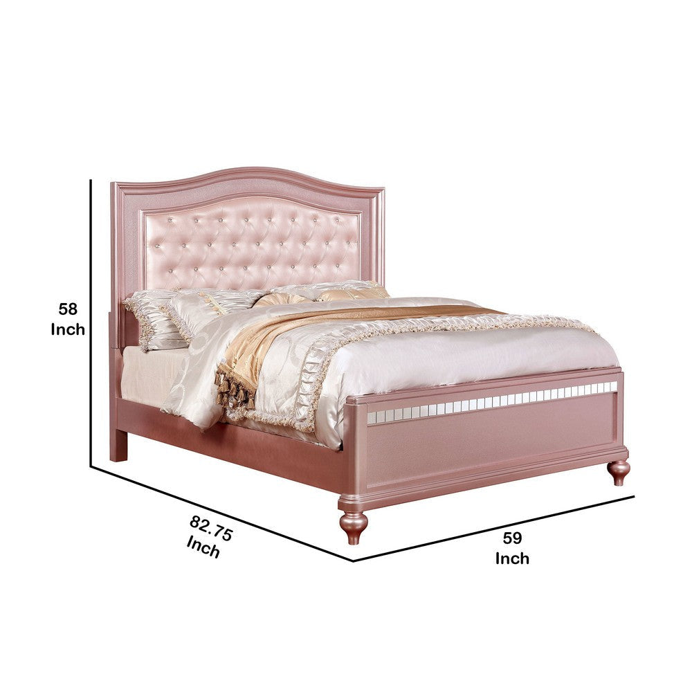 Full Size Wooden Bed With Mirror Trim Details and Camelback Headboard Pink By Casagear Home BM216259