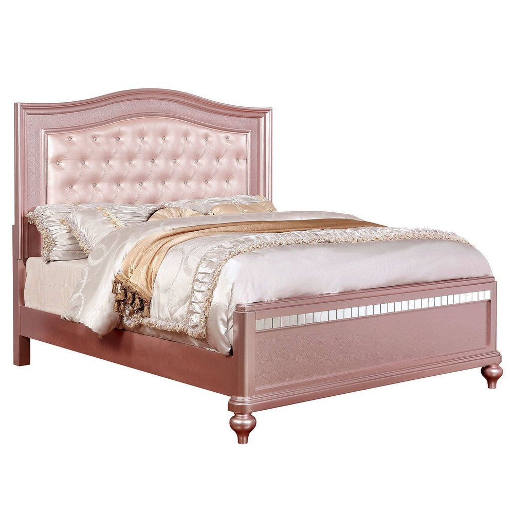 Queen Size Wooden Bed With Mirror Trim Detail and Camelback Headboard, Pink By Casagear Home