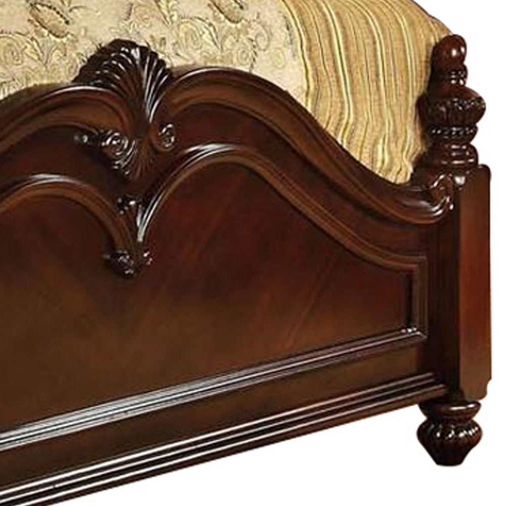 Traditional Style Eastern King Wooden Bed with Floral Carvings Brown By Casagear Home BM216289