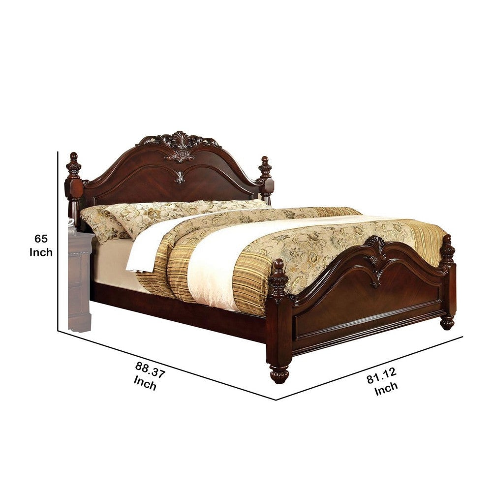 Traditional Style Eastern King Wooden Bed with Floral Carvings Brown By Casagear Home BM216289