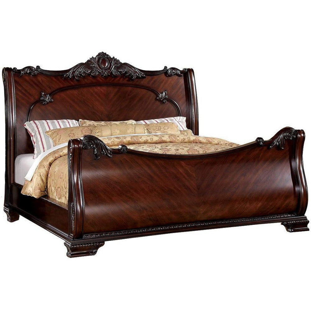 Traditional California King Wooden Sleigh Bed with Intricate Carving, Brown By Casagear Home