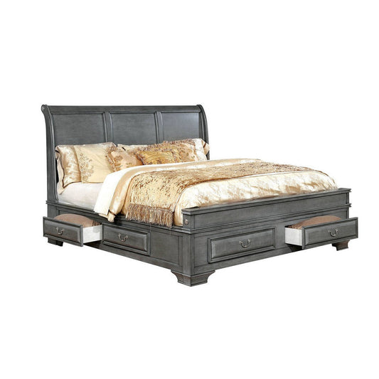 Transitional California King Wooden Bed with Multiple Bottom Drawers, Gray By Casagear Home