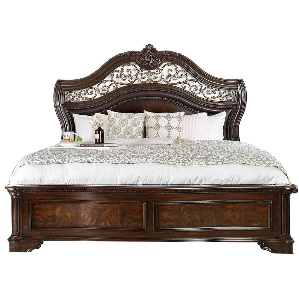 California King Wooden Bed with Intricate Carved Headboard, Brown By Casagear Home