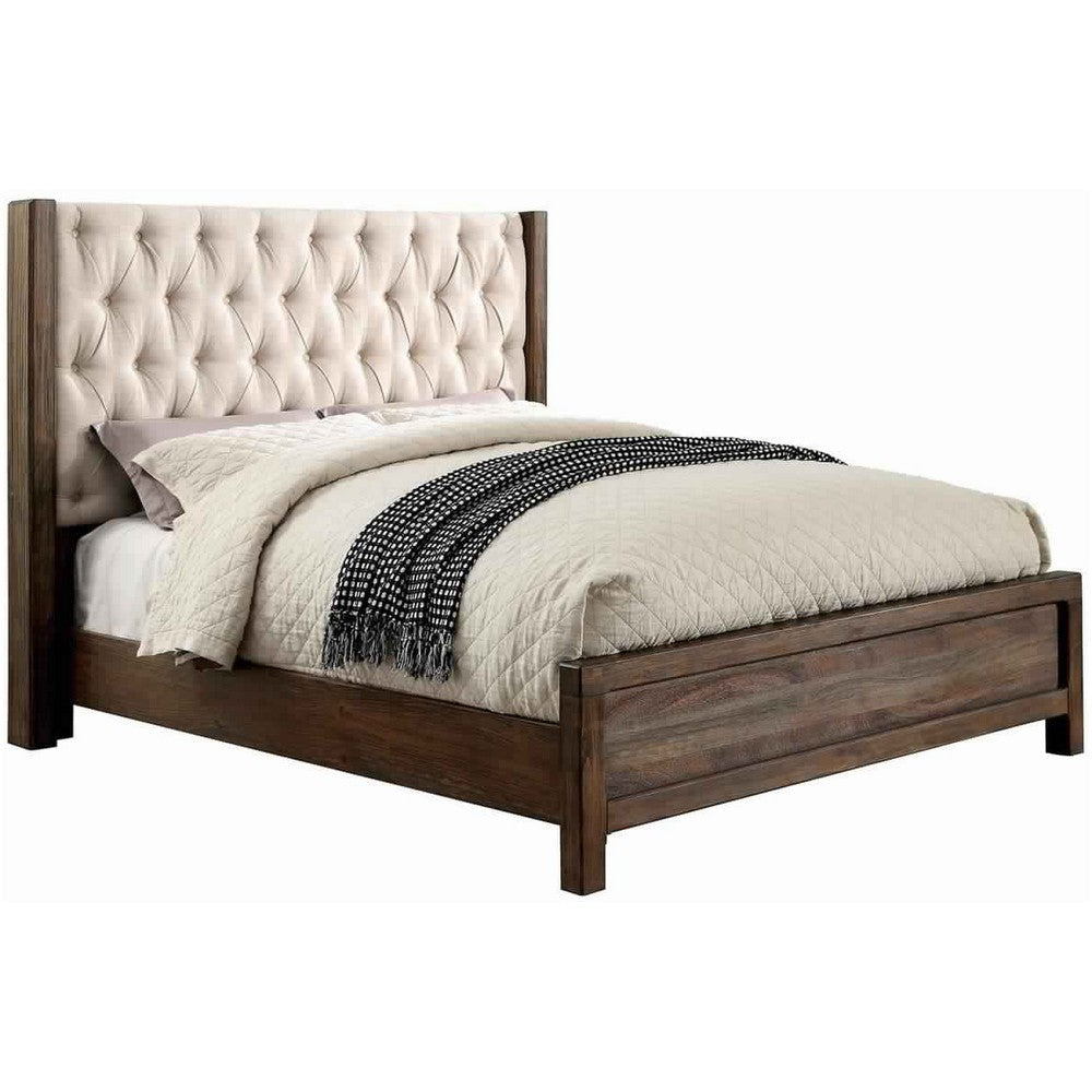 Fabric Wingback Design Eastern King Bed with Button Tufted Details,Brown By Casagear Home