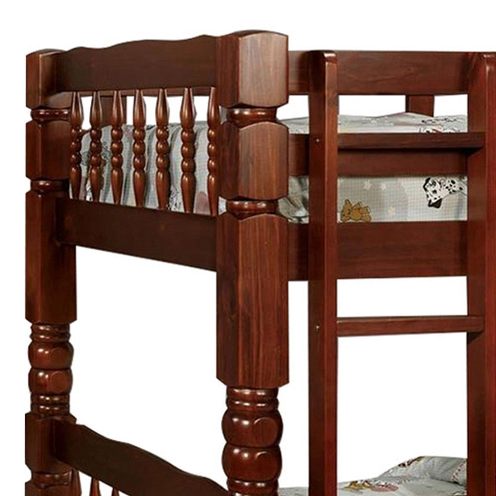 Wooden Twin over Twin Bunk Bed with Bobbin Motif Spindles Brown By Casagear Home BM216386