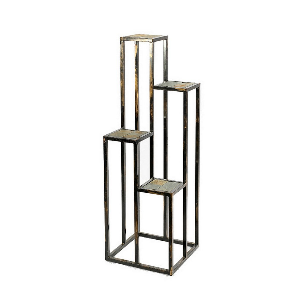 4 Tier Cast Iron Frame Plant Stand with Stone Topping Black And Gold By Casagear Home BM216737