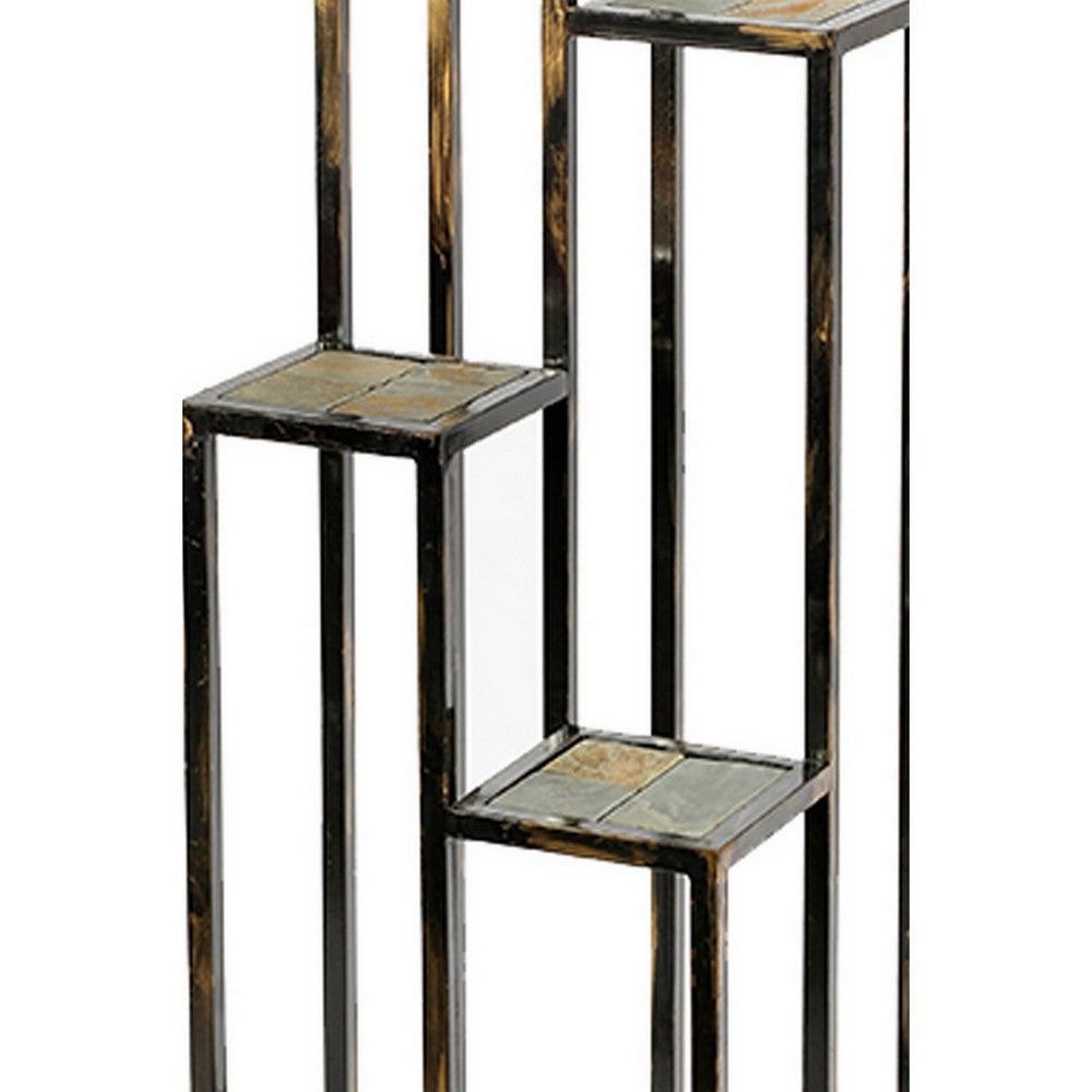 4 Tier Cast Iron Frame Plant Stand with Stone Topping Black And Gold By Casagear Home BM216737