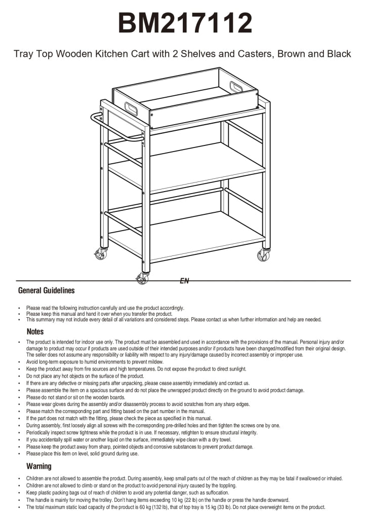 25 Tray Top Kitchen Cart with 2 Shelves and Casters Brown and Black By Casagear Home BM217112