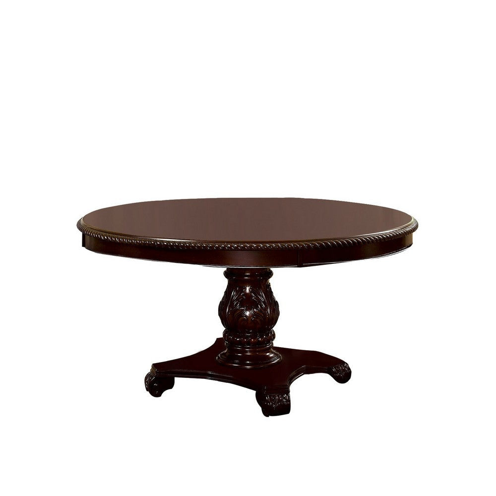 Traditional Round Dining Table with Carved Pedestal Base, Cherry Brown By Casagear Home