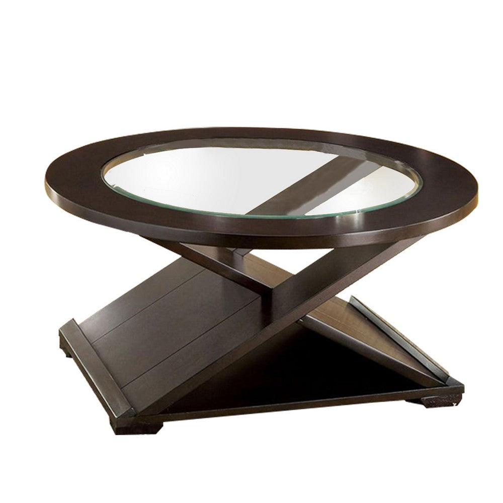 3 Piece Round Glass Coffee Table and End Table with X Shaped Base Brown By Casagear Home BM217446