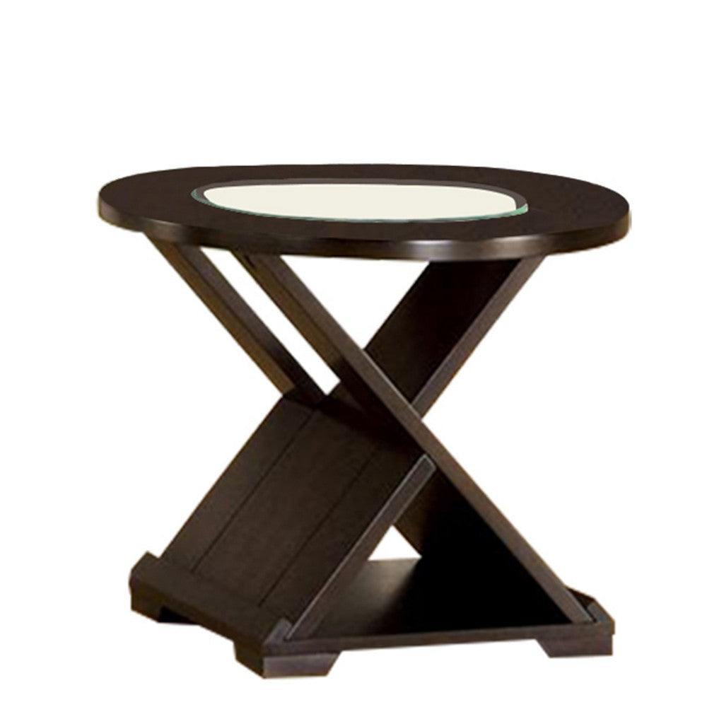 3 Piece Round Glass Coffee Table and End Table with X Shaped Base Brown By Casagear Home BM217446