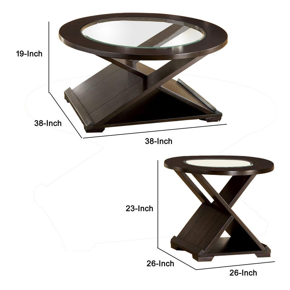 3 Piece Round Glass Coffee Table and End Table with X Shaped Base Brown By Casagear Home BM217446